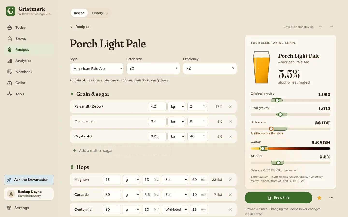 The recipe builder with live color, bitterness and gravity estimates.