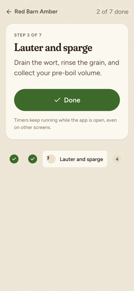 Brew day on a phone: the current step, its timer and the next steps.
