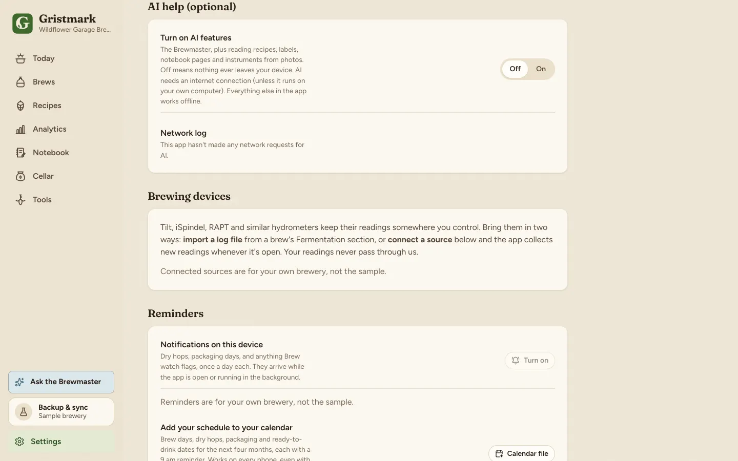 AI settings: choose credits, your own key, or a model on your own computer.