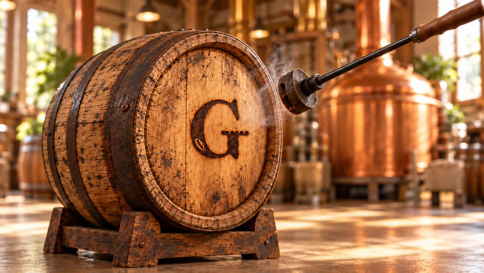 An oak barrel in a sunlit brewhouse, freshly branded with the Gristmark G.
